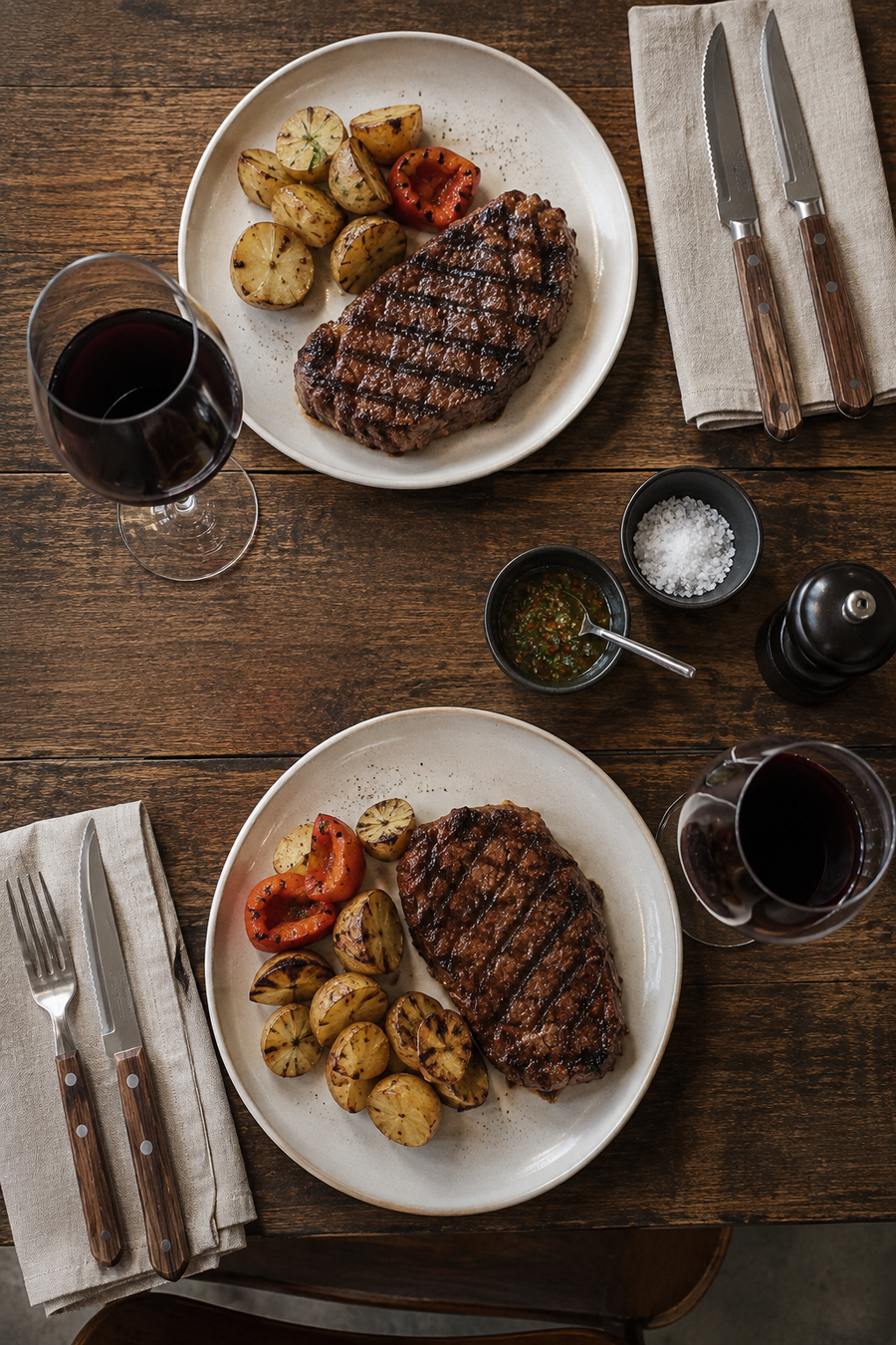 Dîner à deux avec un steak et un vin argentin